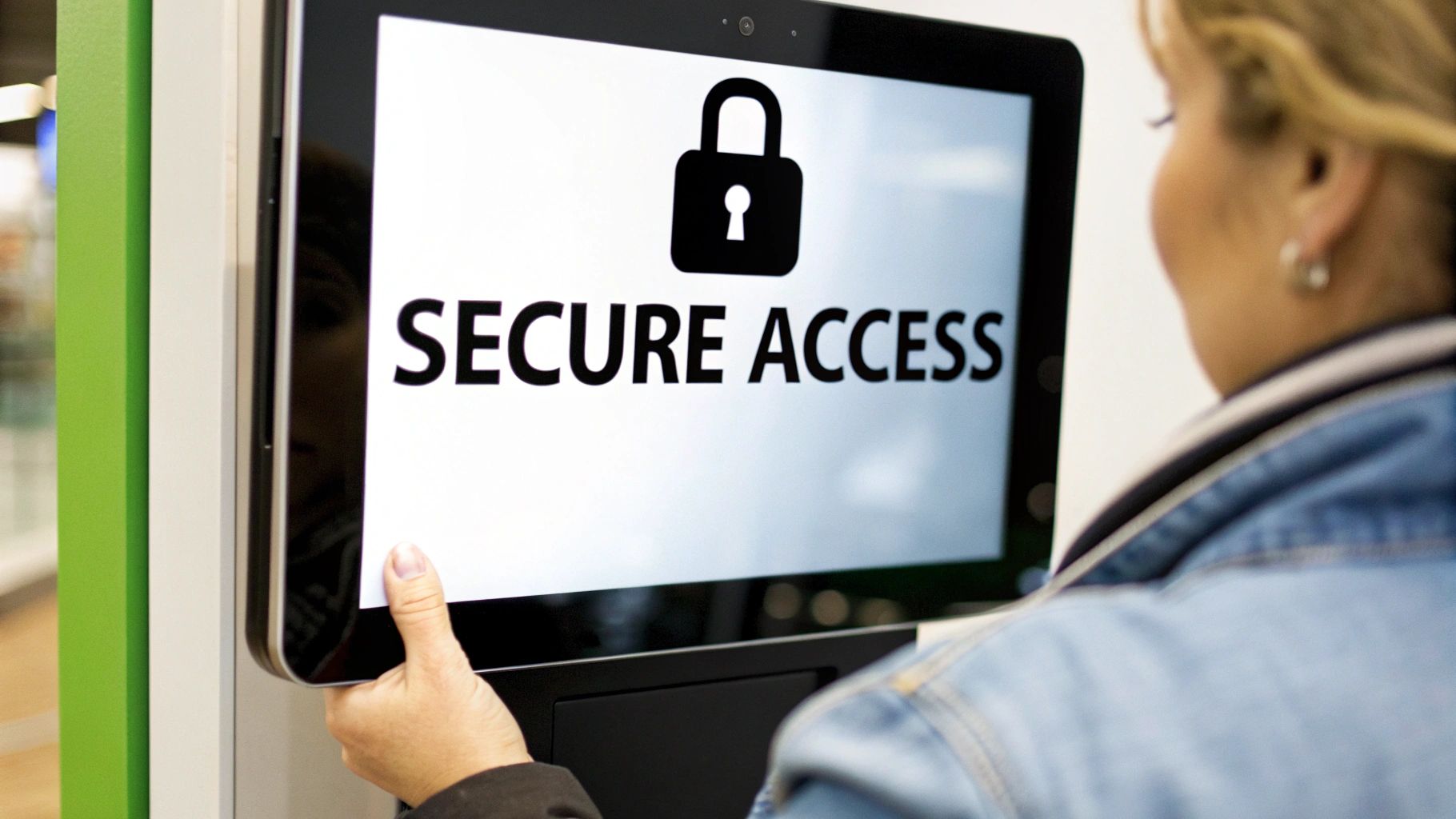 A wall-mounted touchscreen kiosk showing a padlock icon above the words Secure Access as a woman reaches for it