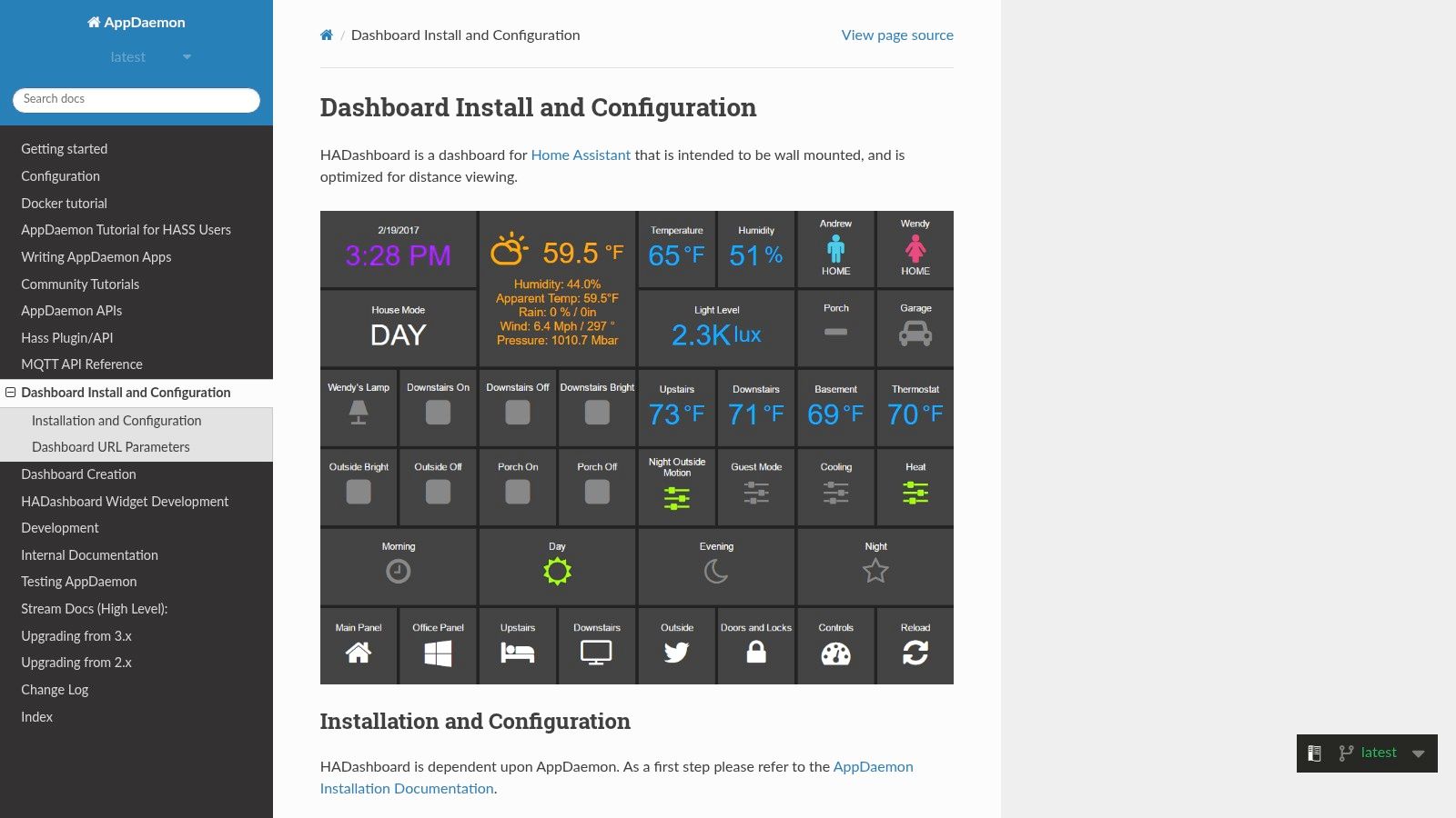 The AppDaemon HADashboard documentation, showing a wall-mounted Home Assistant dashboard of clock, weather, temperature and media tiles