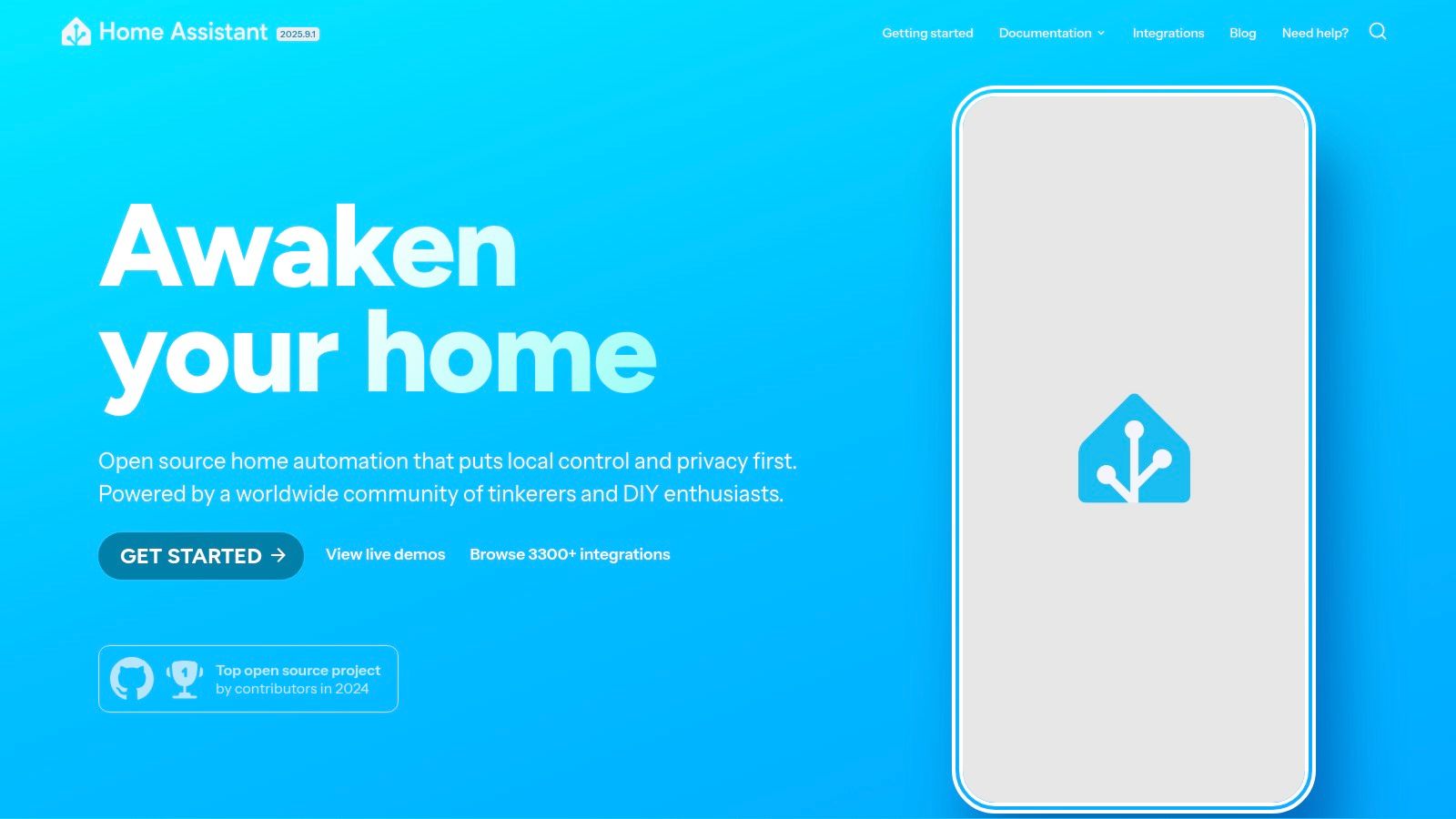 The Home Assistant website headed Awaken your home, describing open source home automation that puts local control and privacy first