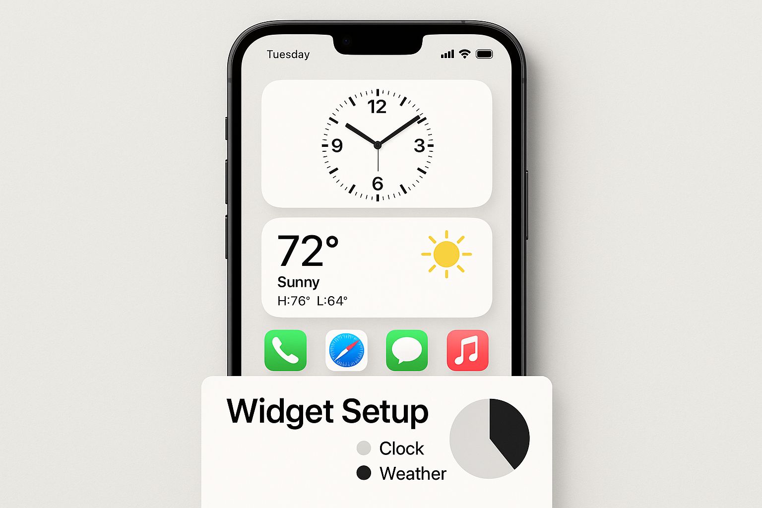 A phone home screen with a large clock widget and a sunny 72-degree weather widget, above a Widget Setup panel comparing clock and weather use