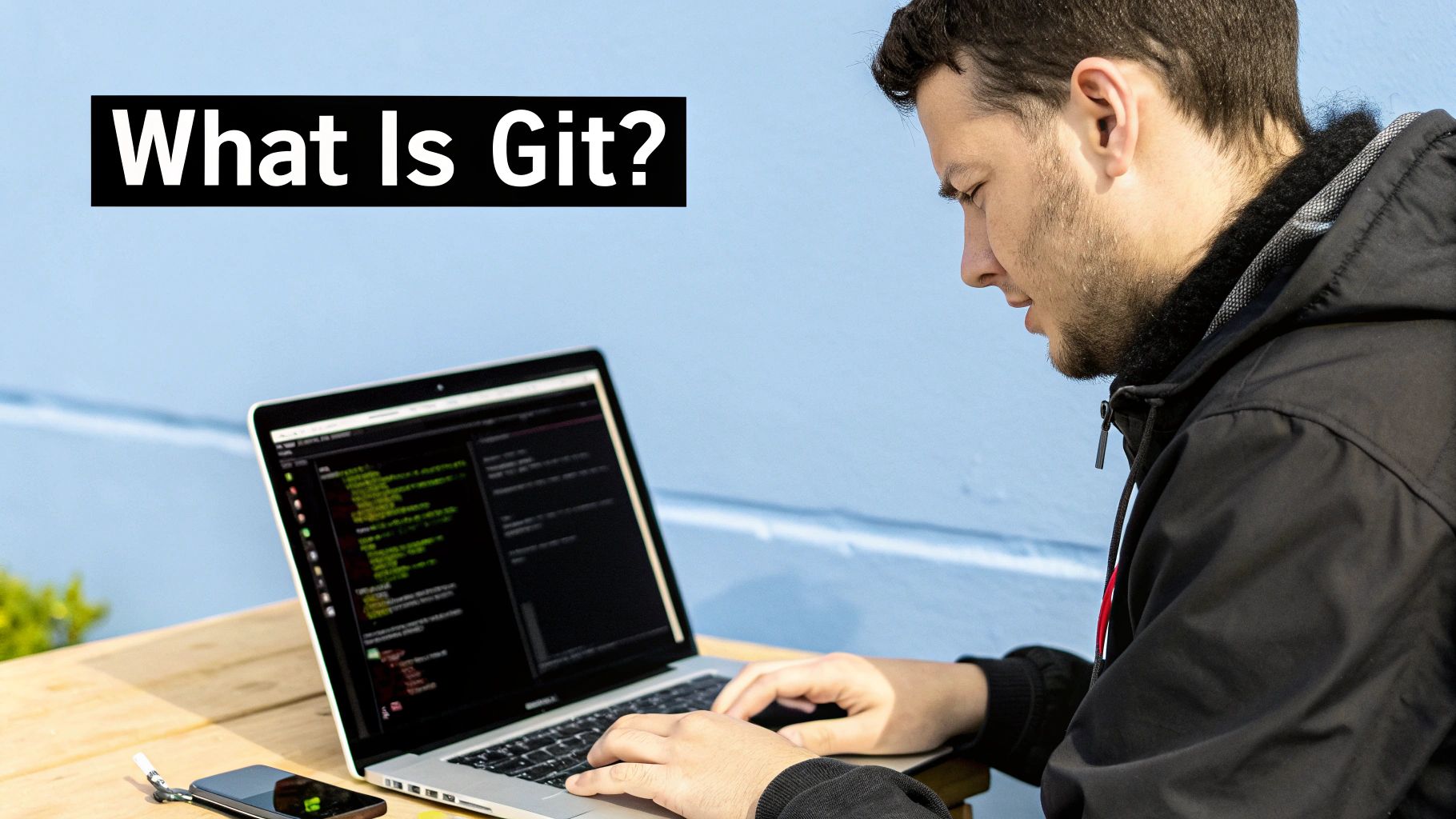 A man working at a laptop against a blue wall, the screen filled with code, captioned What Is Git?