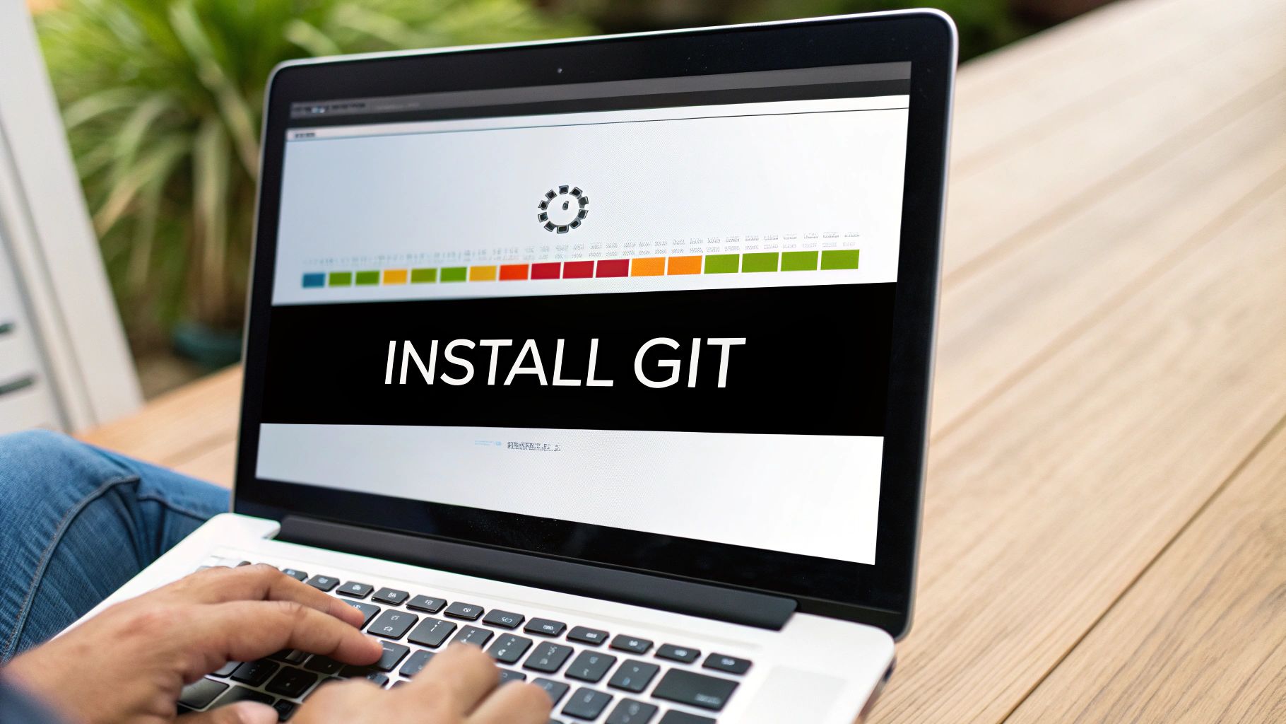 Hands typing on a laptop showing a software download page, captioned Install Git