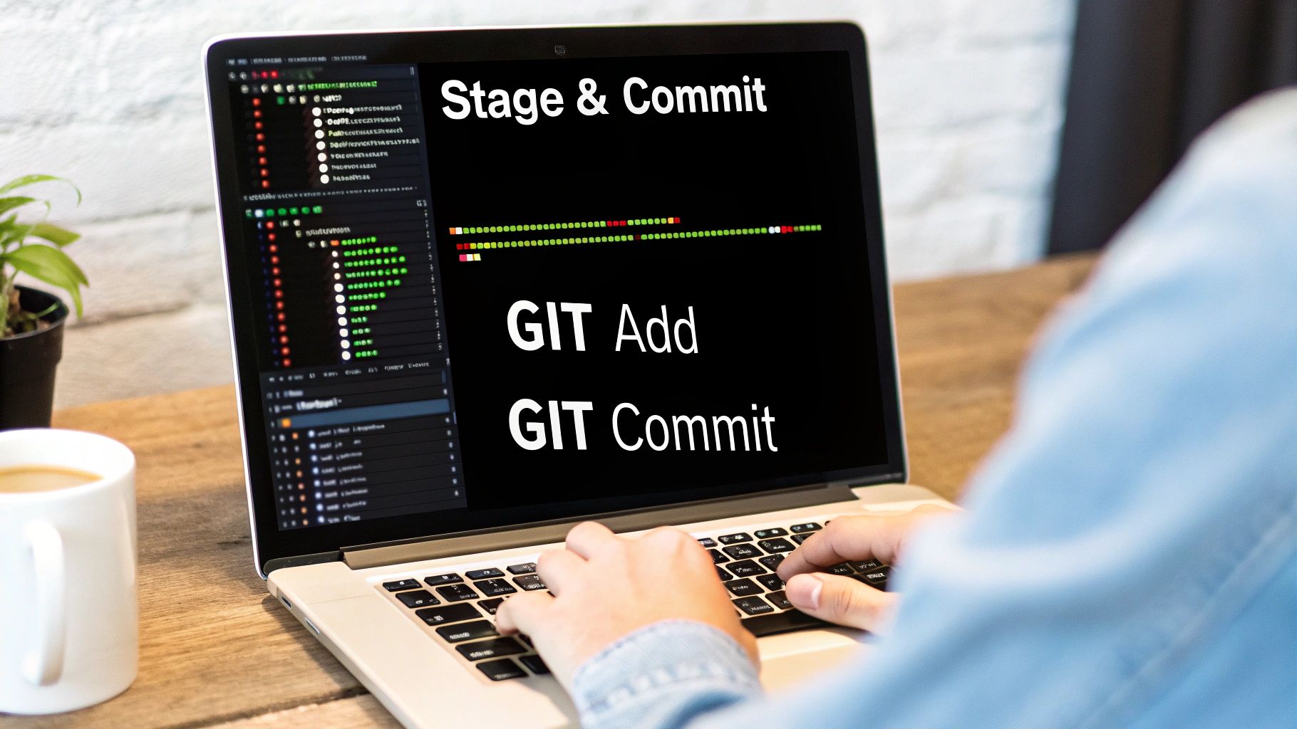 A laptop showing the commands git add and git commit on a terminal under the heading Stage and Commit
