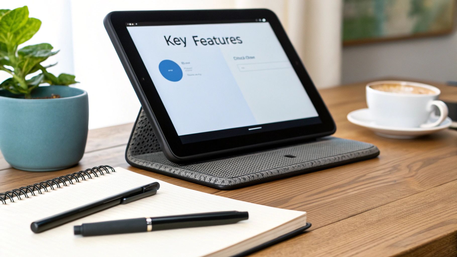 A tablet propped on a desk beside a notebook and a coffee, showing a Key Features summary screen