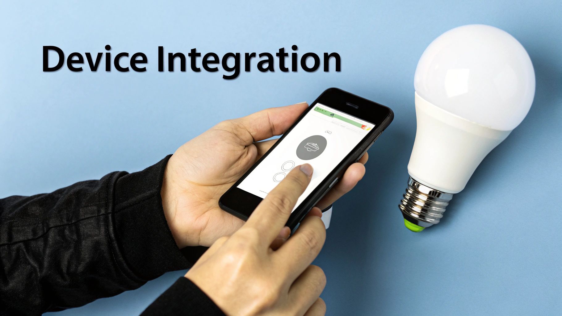 A hand tapping a smart bulb’s app on a phone, with the bulb itself alongside, captioned Device Integration