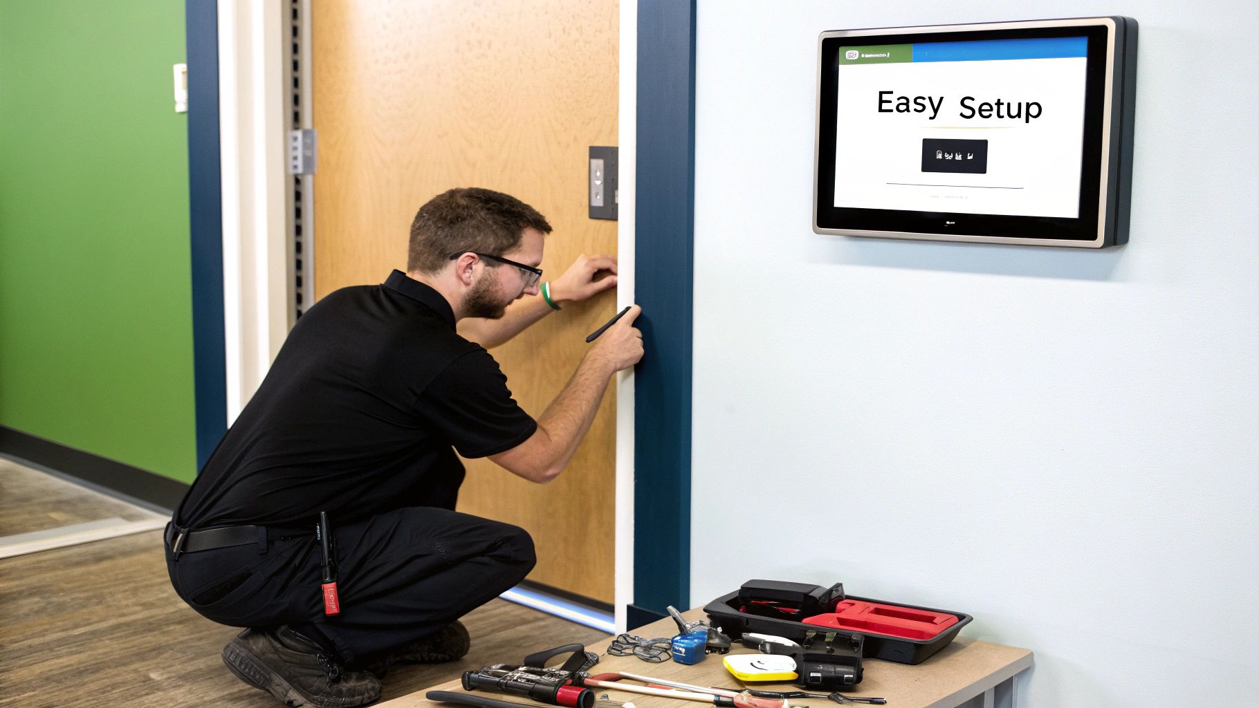 An installer crouched at a doorway fitting a sensor, with a wall display reading Easy Setup nearby