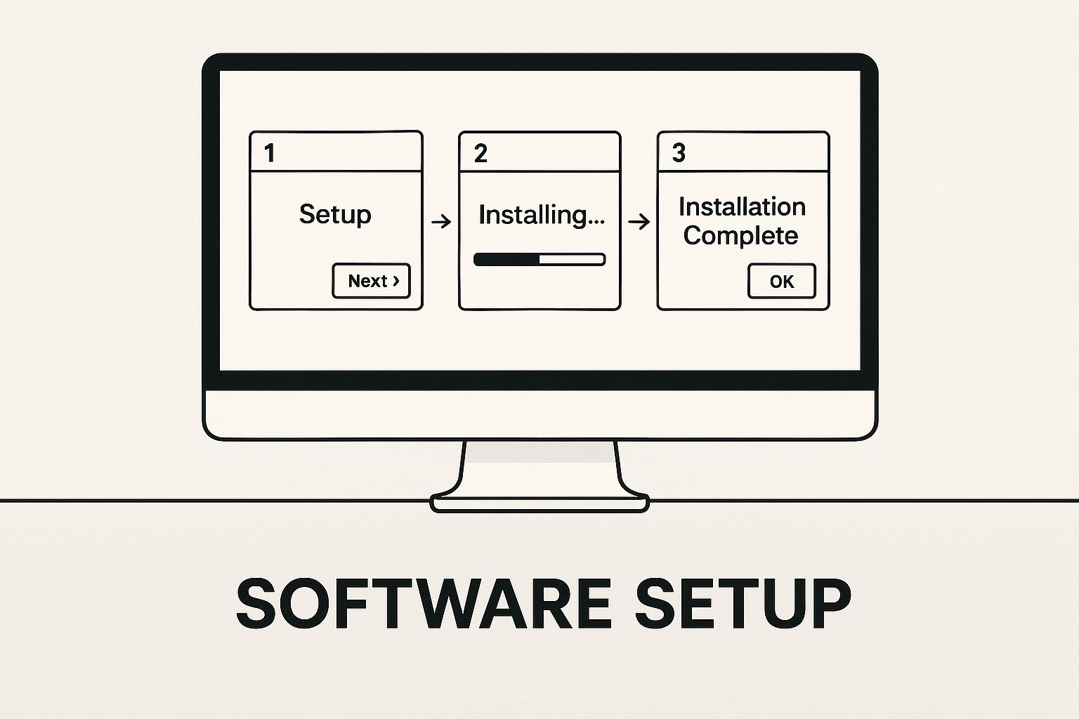 A monitor showing a three-stage install — setup, installing, installation complete — captioned Software Setup
