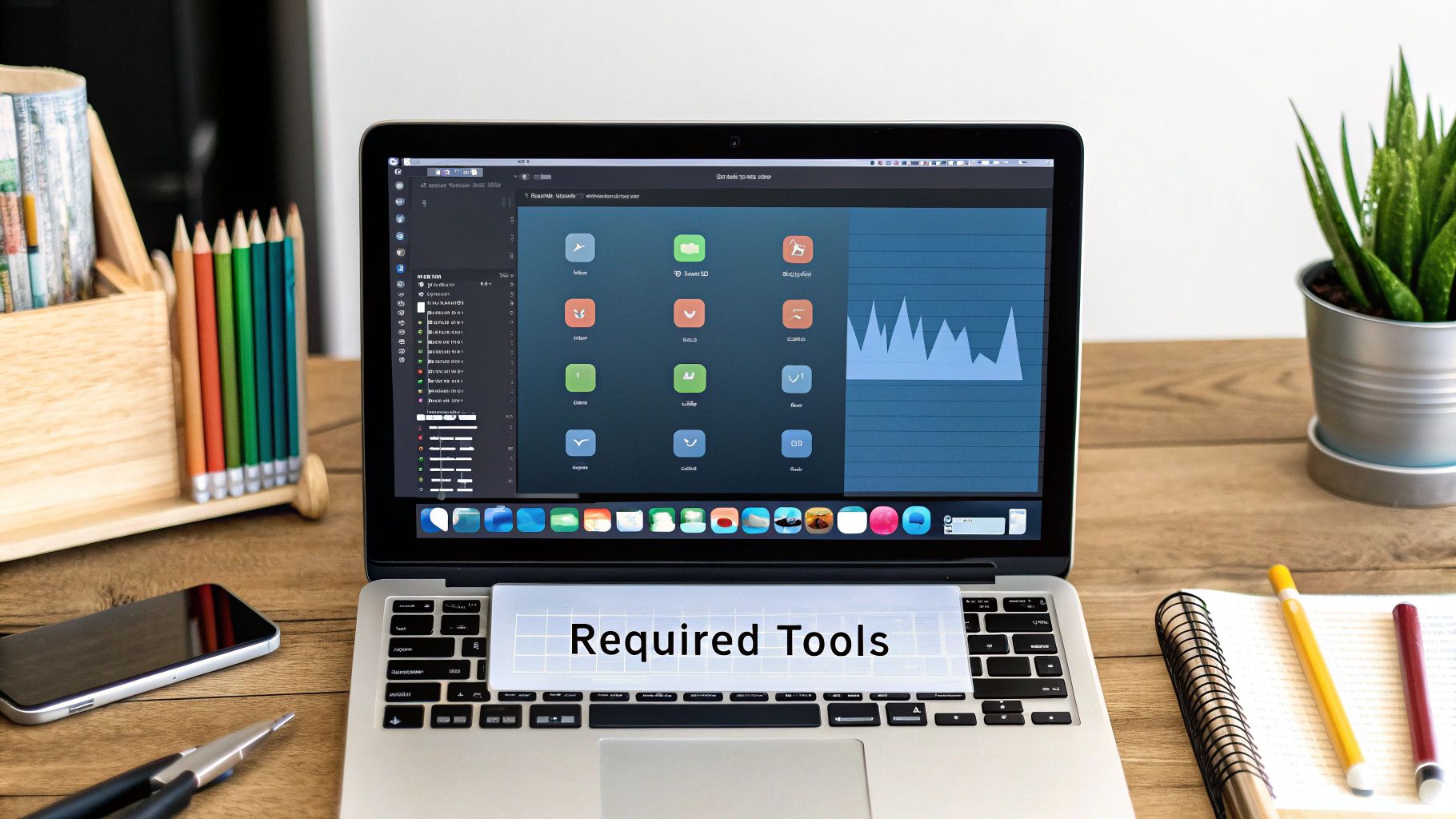 A laptop showing a media app with a grid of channel icons and a usage graph, captioned Required Tools