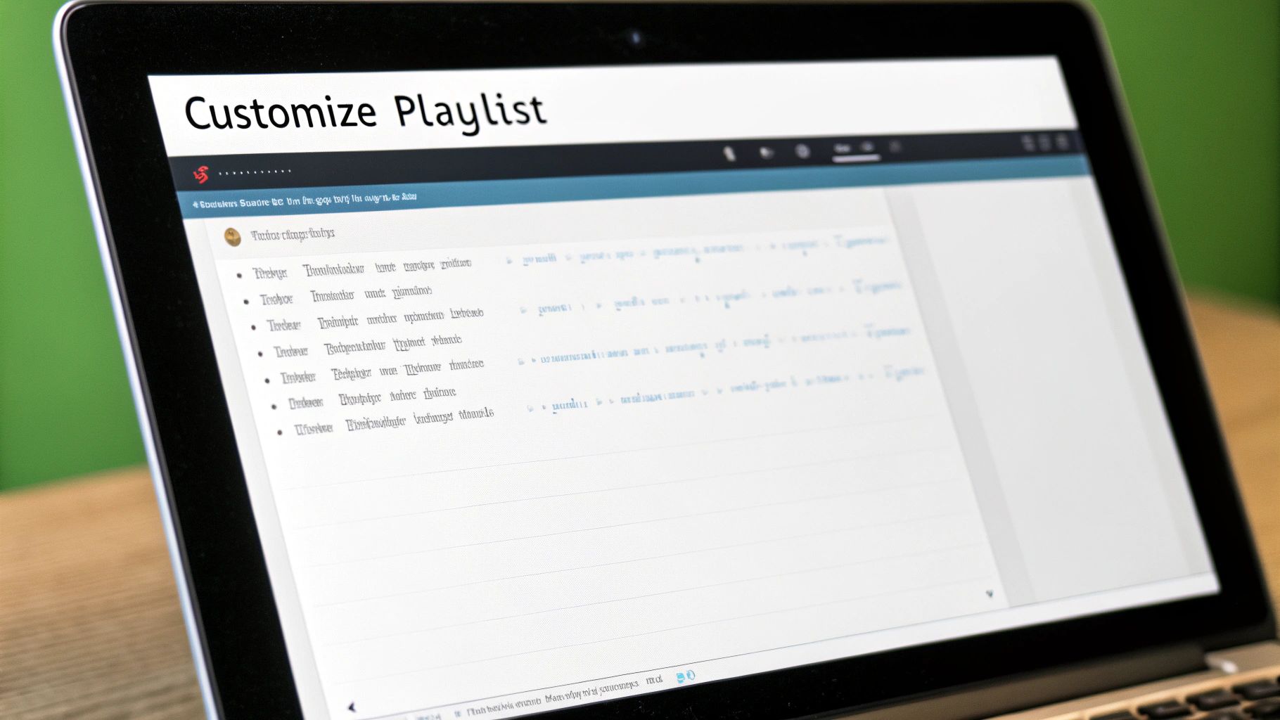 A laptop screen showing a playlist editor with a bulleted list of entries, headed Customize Playlist