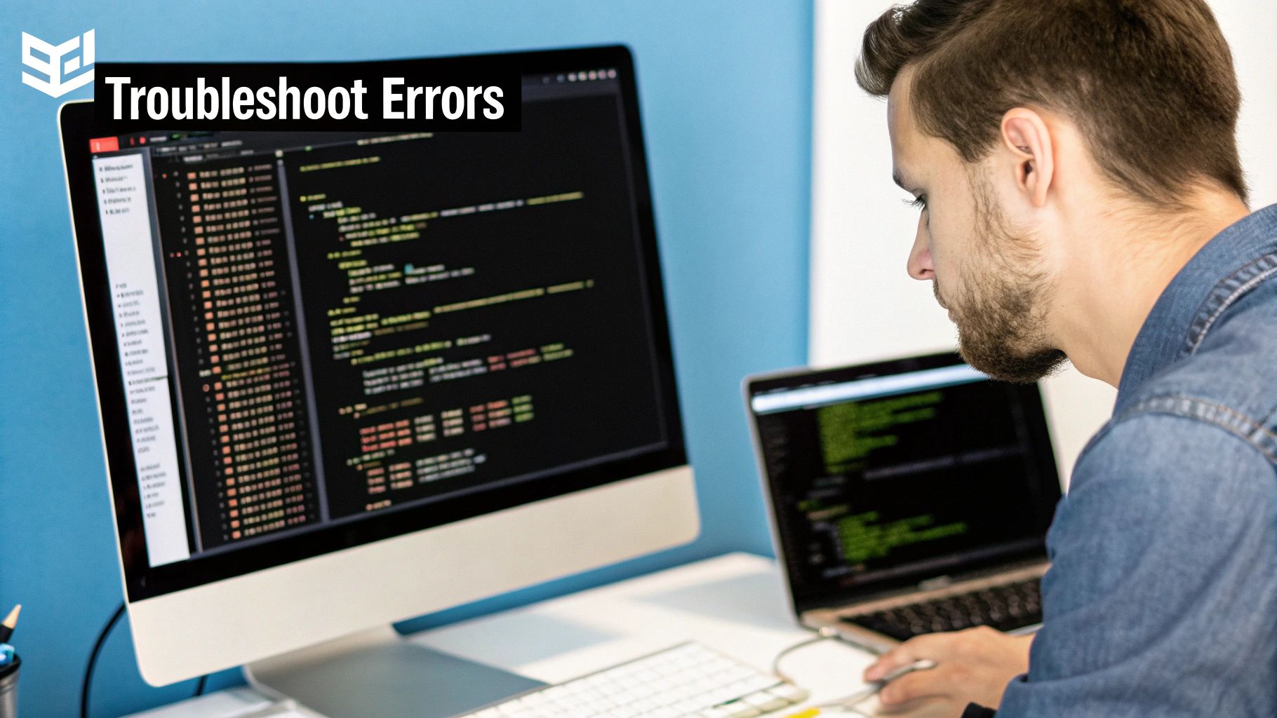 A man at a desktop and laptop reviewing a wall of code and log output, captioned Troubleshoot Errors