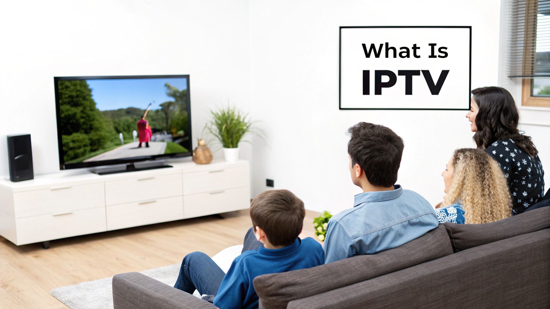 A family watching a wall-mounted TV in a living room, beside a framed sign reading What Is IPTV