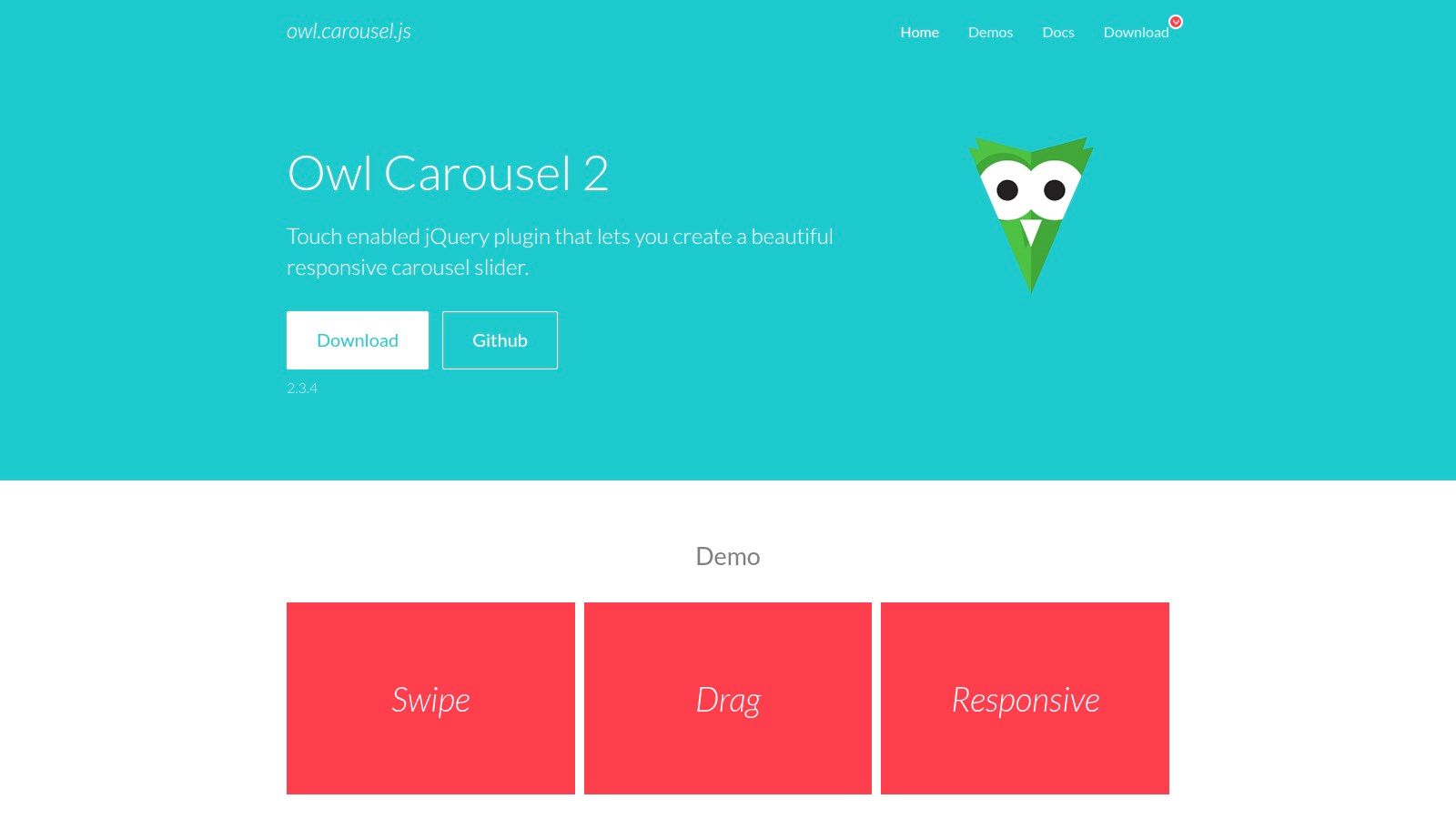 The Owl Carousel 2 site, a touch-enabled jQuery carousel plugin, with a demo strip labelled Swipe, Drag and Responsive