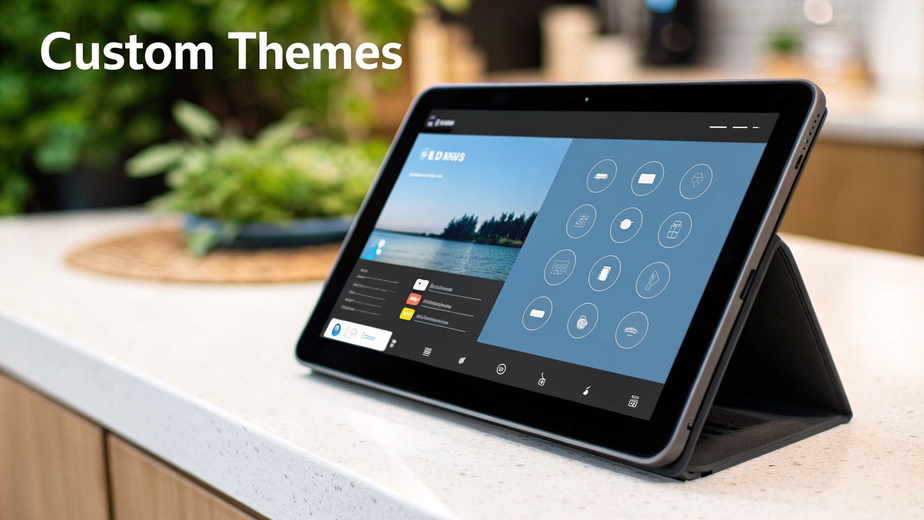 A tablet in a stand on a kitchen counter showing a themed dashboard of control icons, captioned Custom Themes