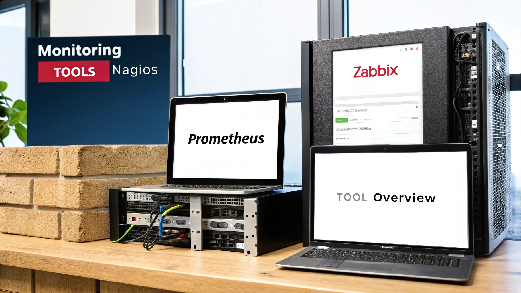 A laptop, a rack server and a second laptop on a desk, their screens labelled Prometheus, Zabbix and Tool Overview beside a Monitoring Tools sign