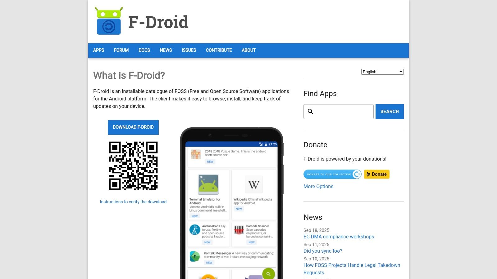 The F-Droid website explaining its catalogue of free and open source Android apps, beside a phone showing the repository