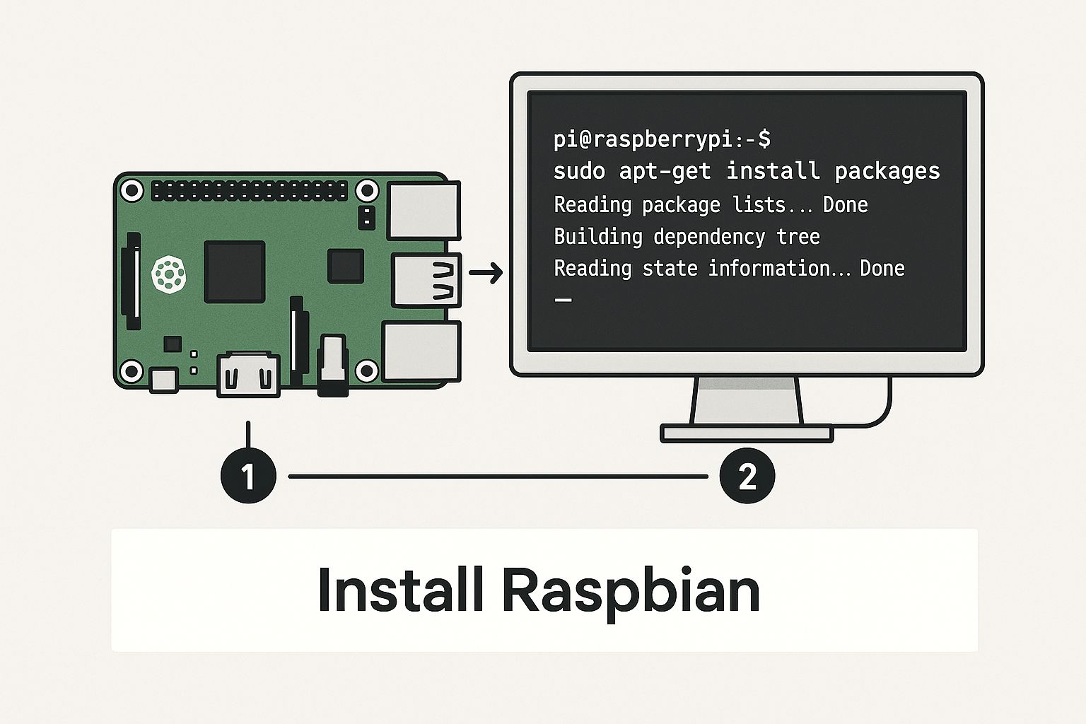 Diagram of a Raspberry Pi connected to a monitor running an apt-get install command, captioned Install Raspbian