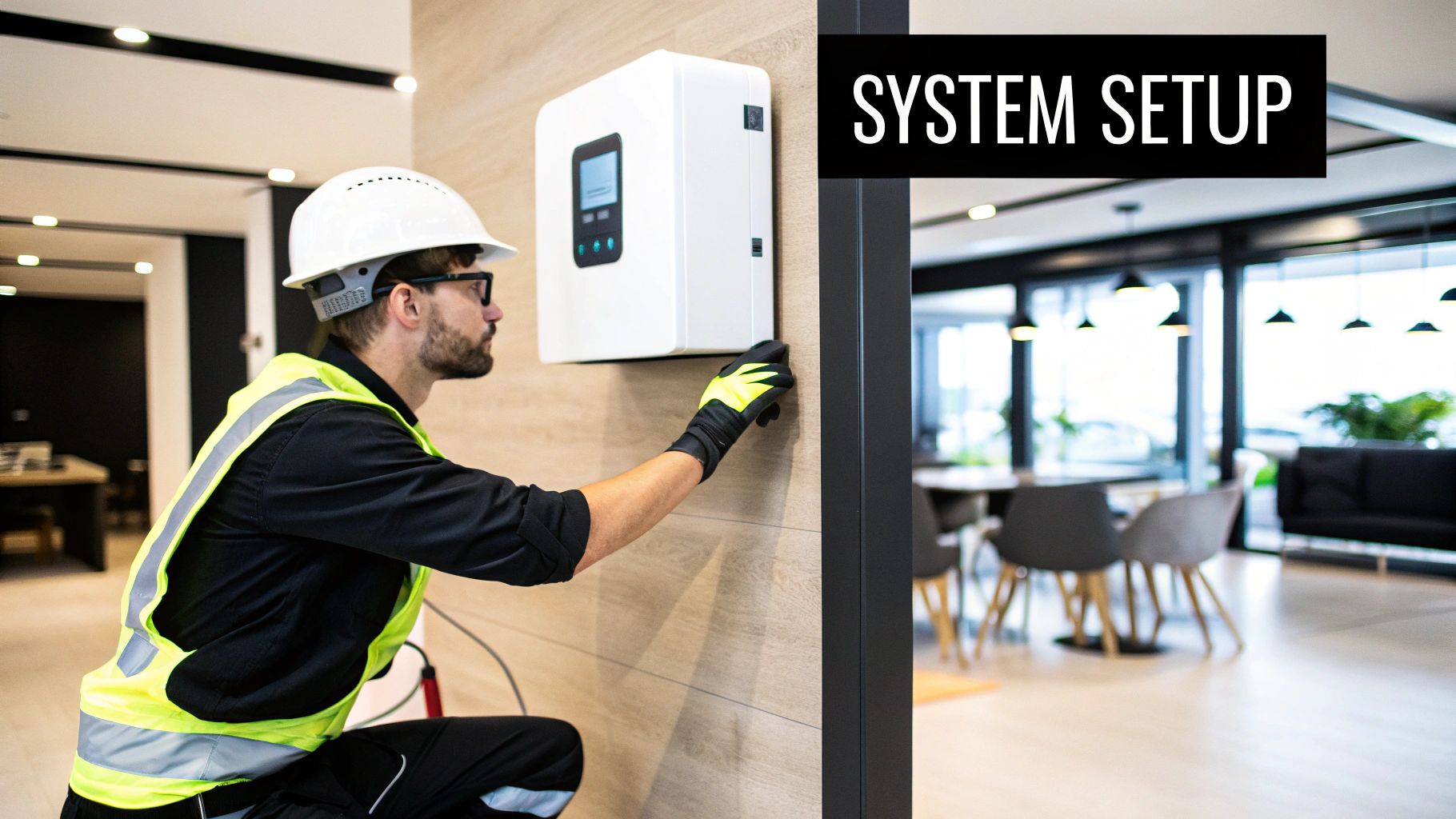 An engineer in a hard hat and hi-vis vest fitting a wall-mounted energy unit, captioned System Setup