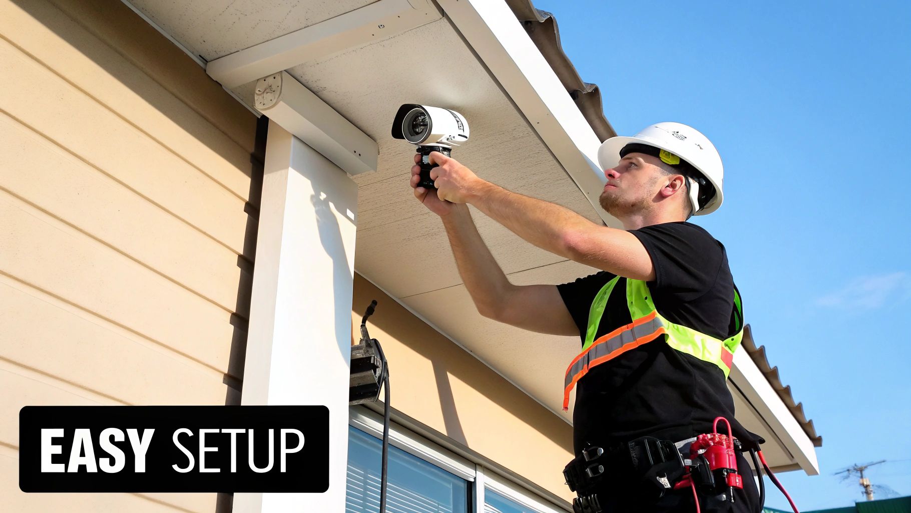 An installer mounting a bullet security camera under the eaves of a house, captioned Easy Setup