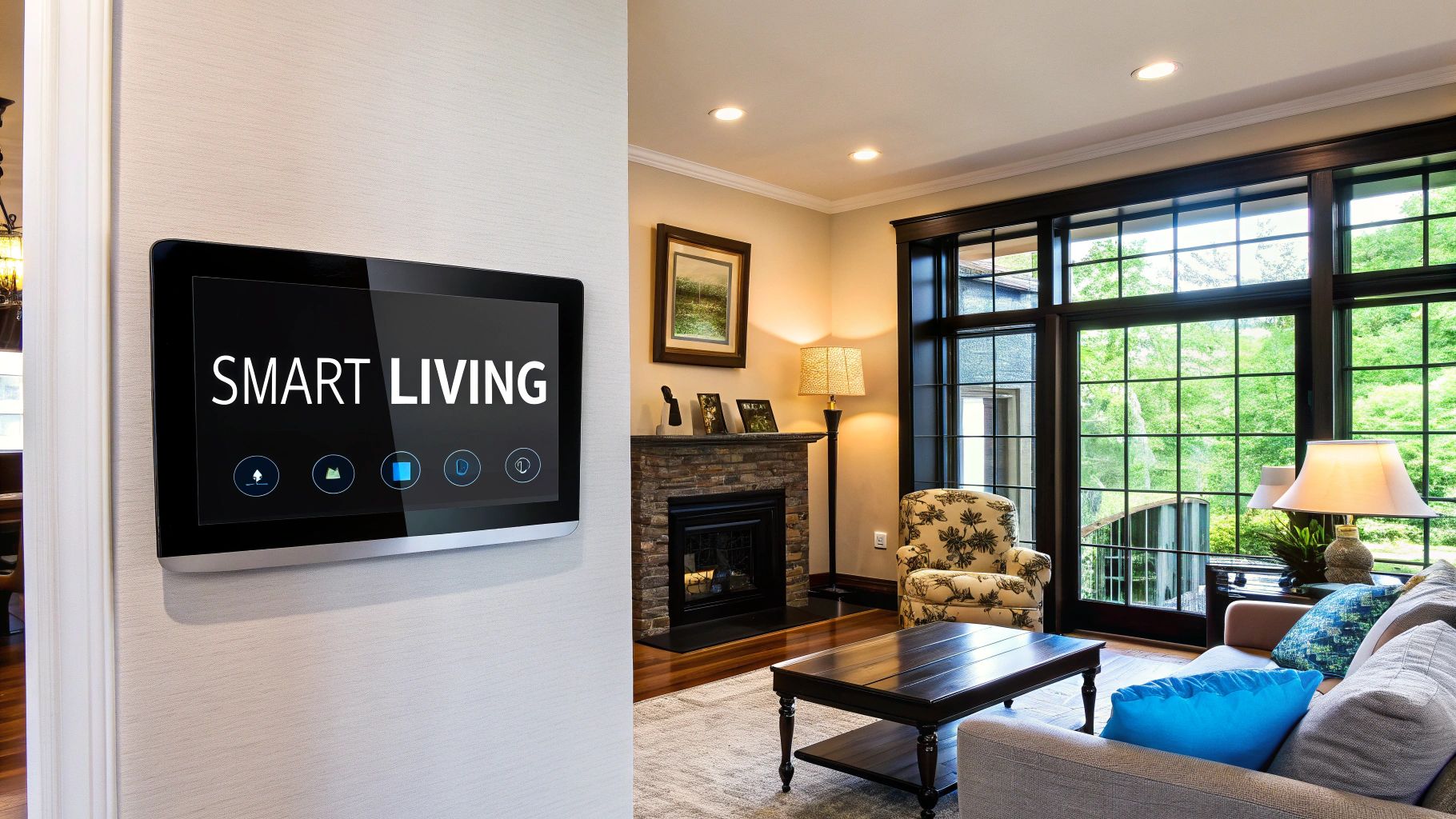A wall-mounted panel reading Smart Living with a row of device icons, beside a living room with a fireplace