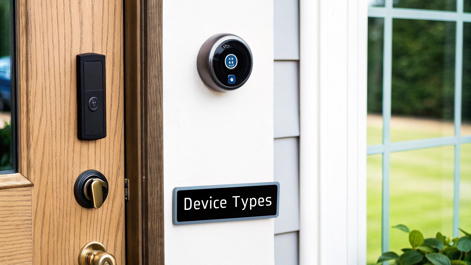 A smart lock and keypad on a front door next to a video doorbell, captioned Device Types