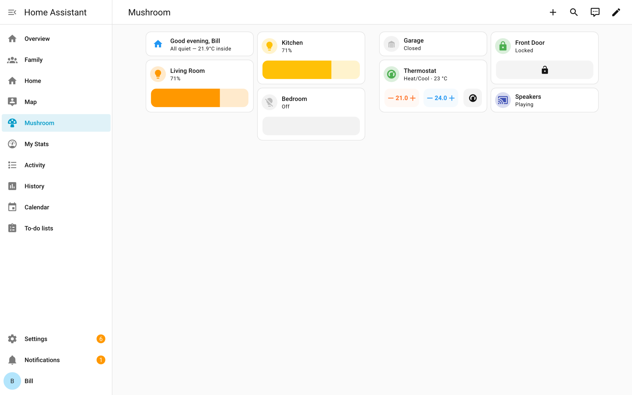 A Home Assistant dashboard using Mushroom cards, configured entirely in the visual editor