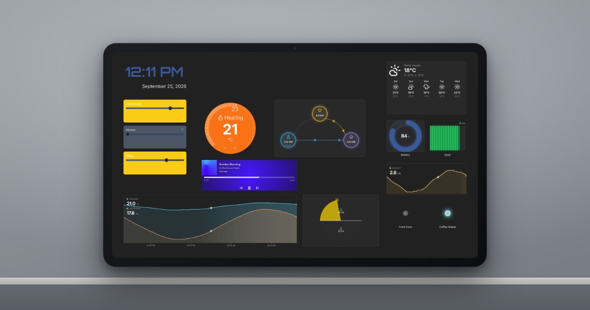 A tablet mounted on a hallway wall showing a Home Assistant dashboard in kiosk mode
