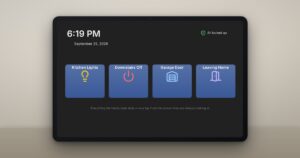 A simple Home Assistant dashboard with four large one-tap buttons on a kitchen wall tablet