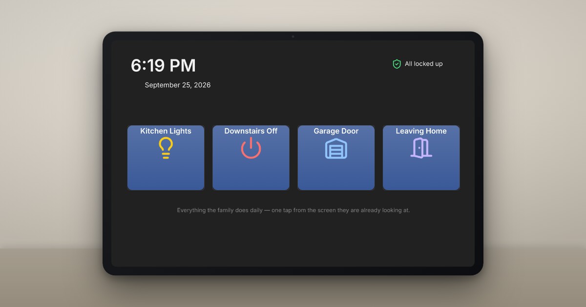 A simple Home Assistant dashboard with four large one-tap buttons on a kitchen wall tablet